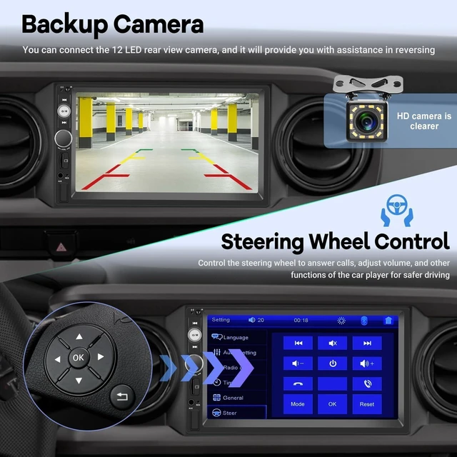 Alt view image 8 of 10 - Double Din Car Stereo with Reverse Camera 7 inch Touch Screen 2 Din Car Radio Support Mirror Link Bluetooth SWC FM AUX-in TF Card + Remote Control