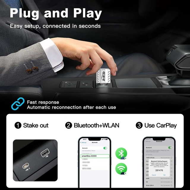 Alt view image 9 of 10 - MMB CarPlay Wireless Adapter, 2025 Upgrade CarPlay Dongle Converts Wired to Wireless for iPhone, USB C/A Plug and Play CarPlay Adapter Compatible with iPhone iOS 10+ and Cars with CarPla