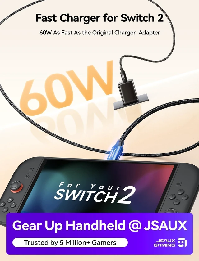 Alt view image 7 of 10 - JSAUX 60W USB C Charger for Nintendo Switch 2 Support TV Mode, Portable GaN Charger with 6.6ft Cable, Fast Charging Compatible with Nintendo Switch/ROG Xbox Ally/Steam Deck/ROG Ally/iPhone 17