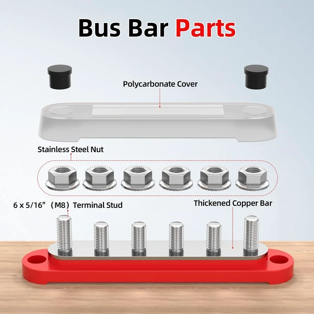 Alt view image 7 of 10 - RVBOATPAT 12V 250A Marine Bus Bar 48V DC 300V AC Power Distribution Block 6 x 5/16"(M8) Stud Battery Bus Bar for Car Boat Solar