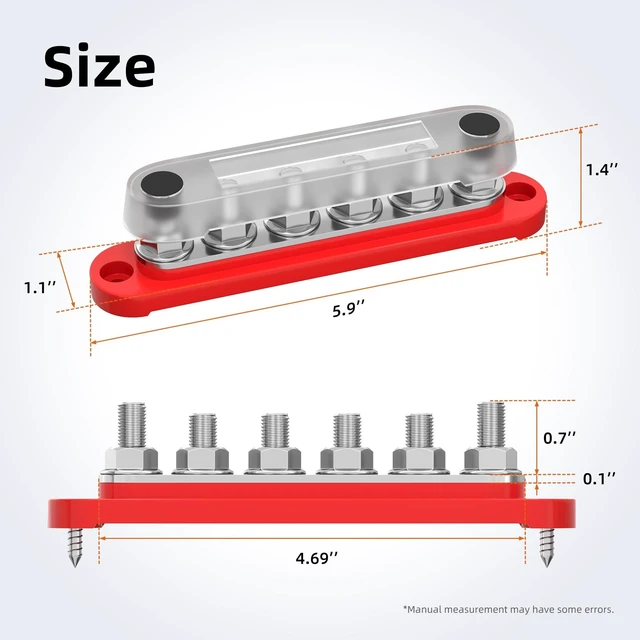 Alt view image 8 of 10 - RVBOATPAT 12V 250A Marine Bus Bar 48V DC 300V AC Power Distribution Block 6 x 5/16"(M8) Stud Battery Bus Bar for Car Boat Solar