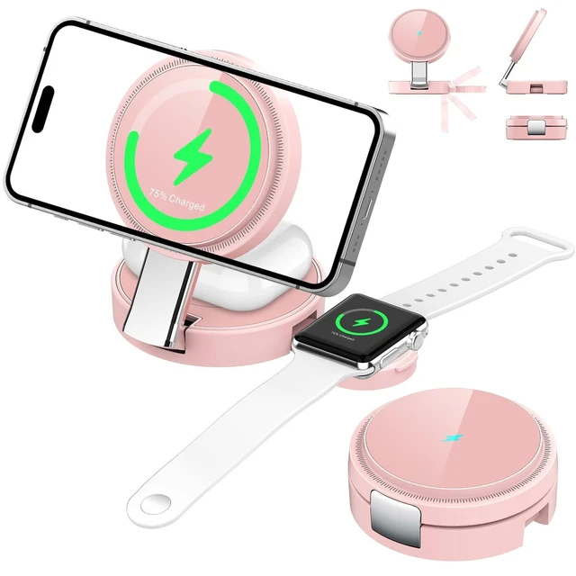 Alt view image 6 of 10 - 3 in 1 Magnetic Wireless Charging Station for iPhone 17/16/15/14/13/12 Series, Apple Watch and AirPods, MagSafe-Compatible 15W Fast Charging Stand, Foldable Adjustable Travel Charger, Pink