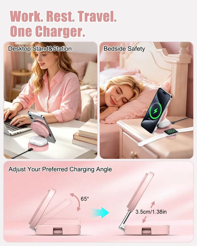 Alt view image 9 of 10 - 3 in 1 Magnetic Wireless Charging Station for iPhone 17/16/15/14/13/12 Series, Apple Watch and AirPods, MagSafe-Compatible 15W Fast Charging Stand, Foldable Adjustable Travel Charger, Pink