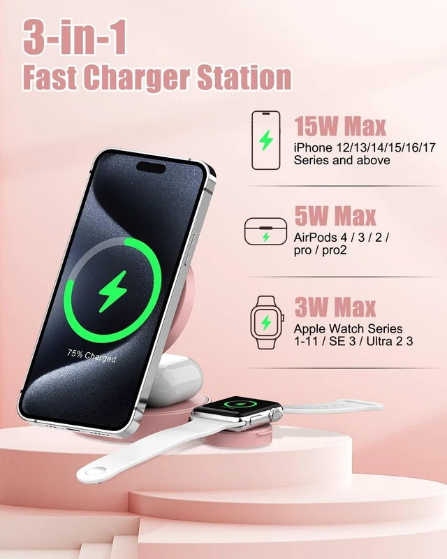 Alt view image 10 of 10 - 3 in 1 Magnetic Wireless Charging Station for iPhone 17/16/15/14/13/12 Series, Apple Watch and AirPods, MagSafe-Compatible 15W Fast Charging Stand, Foldable Adjustable Travel Charger, Pink