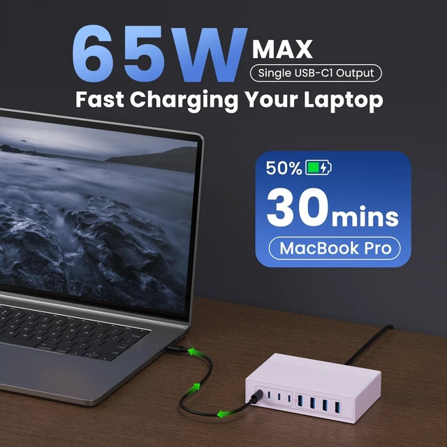 Alt view image 8 of 10 - 200W USB C Charger Block, 8-in-1 GaN III USB C Charger Fast Charging Station Hub, PD 65W Laptop Charging Adapter for MacBook Pro/Air/Dell XPS/iPhone 16/15/14/iPad/Galaxy S24 (Purple)