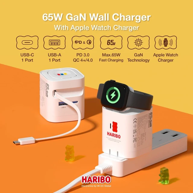 Alt view image 7 of 10 - Haribo 65W GaN Wall Charger with Retractable USB-C Cable, PD 3.0 & QC 4+ / 4.0 Fast Charging, Wireless Charging for Apple Watch, Compatible with iPhone, Galaxy, iPad, Apple Watch