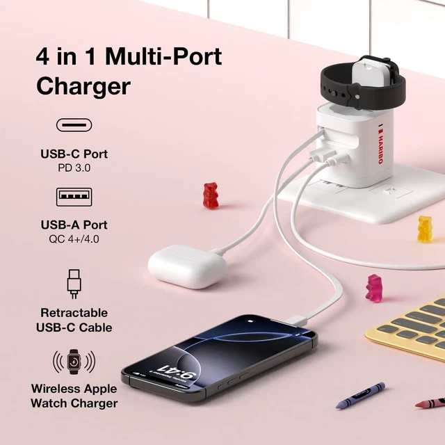 Alt view image 9 of 10 - Haribo 65W GaN Wall Charger with Retractable USB-C Cable, PD 3.0 & QC 4+ / 4.0 Fast Charging, Wireless Charging for Apple Watch, Compatible with iPhone, Galaxy, iPad, Apple Watch