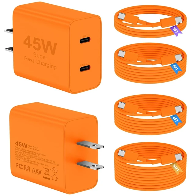 Alt view image 5 of 8 - Citelect 45W iPhone 17 16 15 Charger Fast Charging, 2Pack Dual Port USB C Charger Block with Long 60W 3/6/6/10FT USB C to C Cable, PD 3.0 Wall Charger Plug for iPhone 17/16/15 Pro Max/iPad Pro, Orange