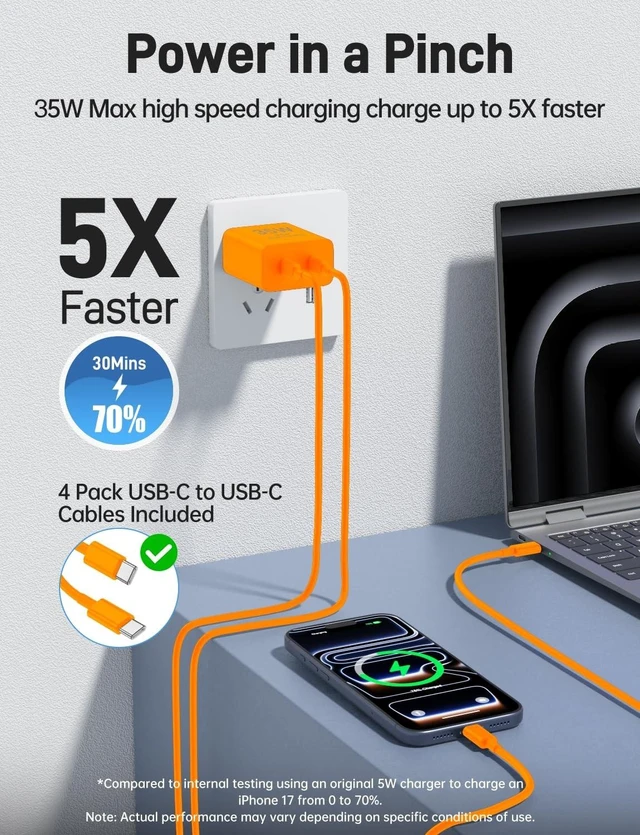 Alt view image 7 of 8 - Citelect 45W iPhone 17 16 15 Charger Fast Charging, 2Pack Dual Port USB C Charger Block with Long 60W 3/6/6/10FT USB C to C Cable, PD 3.0 Wall Charger Plug for iPhone 17/16/15 Pro Max/iPad Pro, Orange