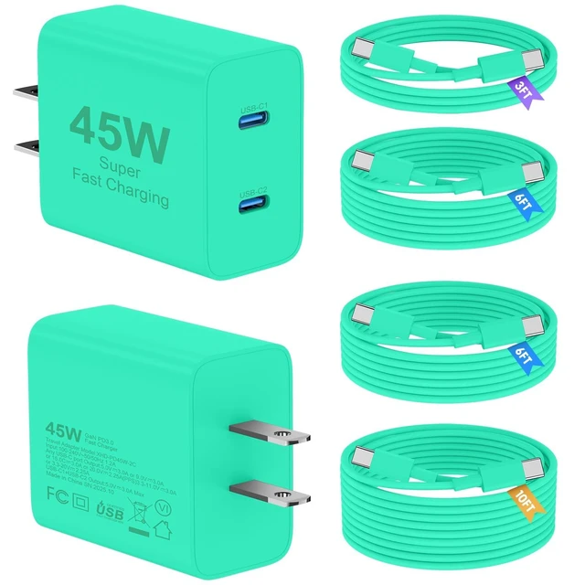 Alt view image 6 of 10 - Citelect 45W iPhone 17 16 15 Charger Fast Charging, 2Pack Dual Port USB C Charger Block with Long 60W 3/6/6/10FT USB C to C Cable, PD 3.0 Wall Charger Plug for iPhone 17/16/15 Pro Max/iPad Pro,Green