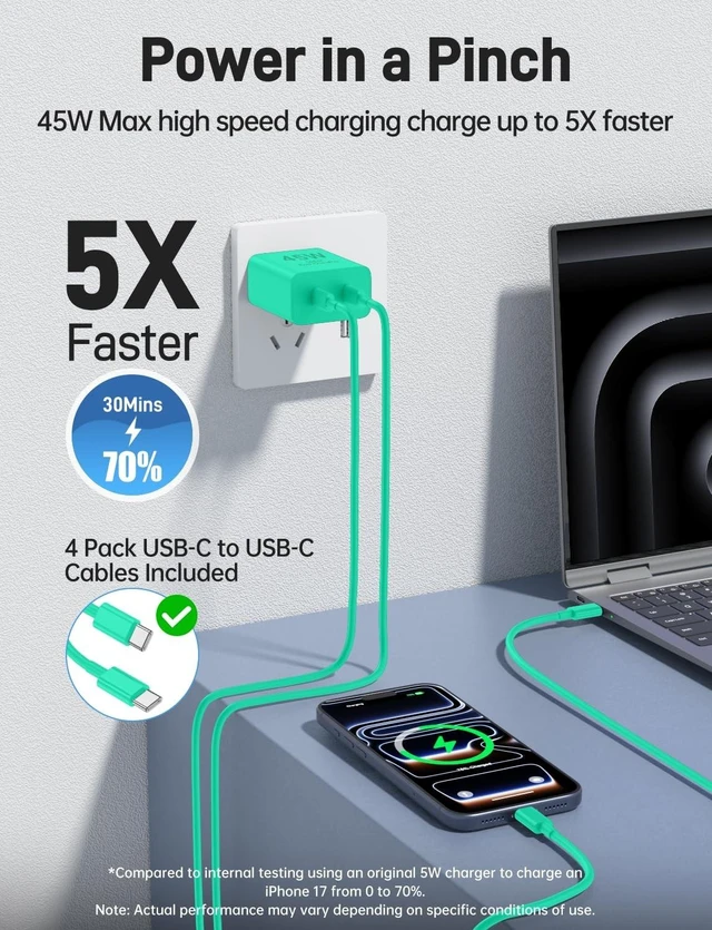 Alt view image 8 of 10 - Citelect 45W iPhone 17 16 15 Charger Fast Charging, 2Pack Dual Port USB C Charger Block with Long 60W 3/6/6/10FT USB C to C Cable, PD 3.0 Wall Charger Plug for iPhone 17/16/15 Pro Max/iPad Pro,Green