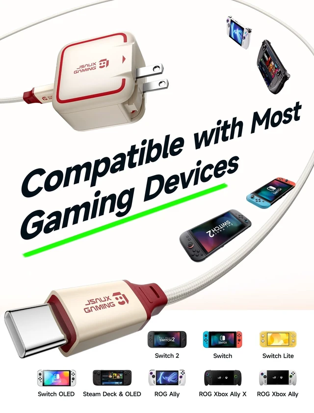 Alt view image 10 of 10 - JSAUX 65W USB C Charger for Nintendo Switch 2, Powers in TV Mode, with EU/UK Plug & 6.6FT Cable, GaN PD Fast Charge for ROG Xbox Ally, Steam Deck, ROG Ally, iPhone 17, Galaxy, iPad, MacBook -Off White