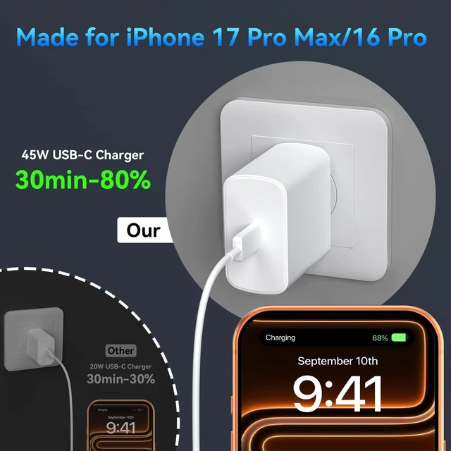 Alt view image 9 of 10 - 45W USB C Super Fast Charger for iPhone 17 16 15Pro Max, 45 Watt Type C Charger Block with 10FT Nylon Braided Charging Cable for 17 16 Pro Max/17 16 Pro/16 Plus,15 Pro Max/15 Pro/15, Android Phone