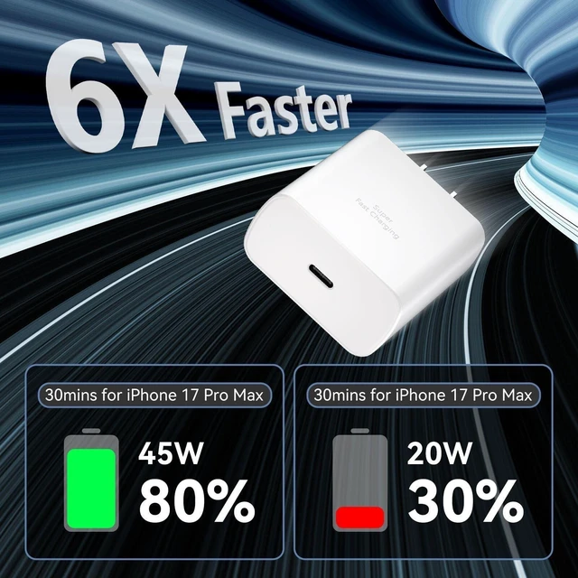Alt view image 8 of 10 - 45W USB C Super Fast Charger for iPhone 17 16 15Pro Max, 45 Watt Type C Charger Block with 10FT Nylon Braided Charging Cable for 17 16 Pro Max/17 16 Pro/16 Plus,15 Pro Max/15 Pro/15, Android Phone