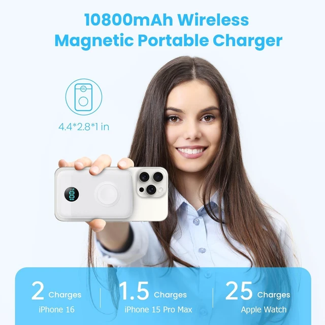 Alt view image 7 of 10 - Pxwaxpy Magnetic Portable Charger 10800mAh,4-in-1 Power Bank with iWatch Charger, 25W PD Fast Charging USB C Battery Pack for Magsafe,iPhone 17/16/15/14/13/12 Series,Apple Watch (White)