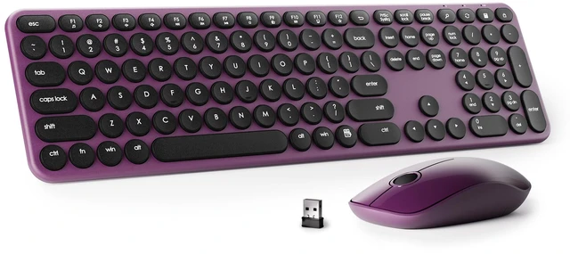 Alt view image 6 of 10 - UBOTIE Wireless Keyboard and Mouse Combo - Retro Round 110 Keycaps Silent Typing - 2.4G Aesthetic Computer Keyboard with Number Pad for Laptop, Mac, Windows (Wine Red Black)