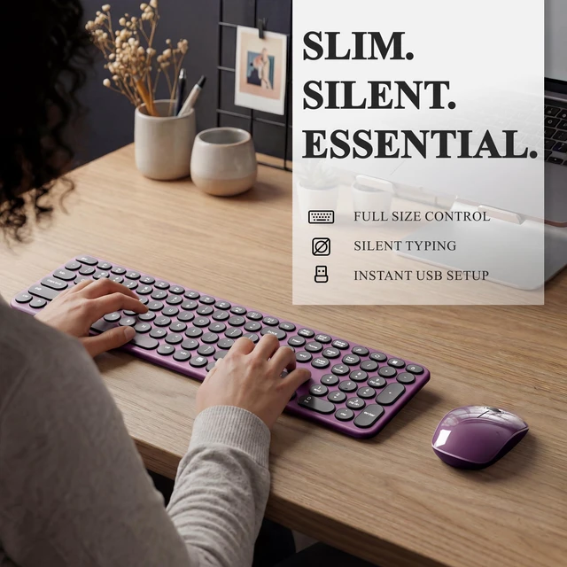 Alt view image 7 of 10 - UBOTIE Wireless Keyboard and Mouse Combo - Retro Round 110 Keycaps Silent Typing - 2.4G Aesthetic Computer Keyboard with Number Pad for Laptop, Mac, Windows (Wine Red Black)