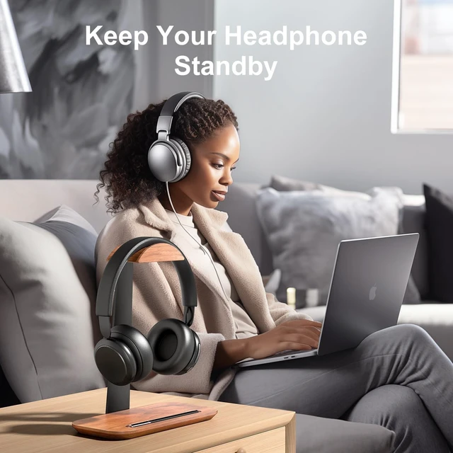 Alt view image 9 of 10 - UPERGO Walnut Headphone Stand, Wood Headset Stand for Desk, Universal Headphone Holder with Storage Base for Gaming, Airpod max, Bose,Razer