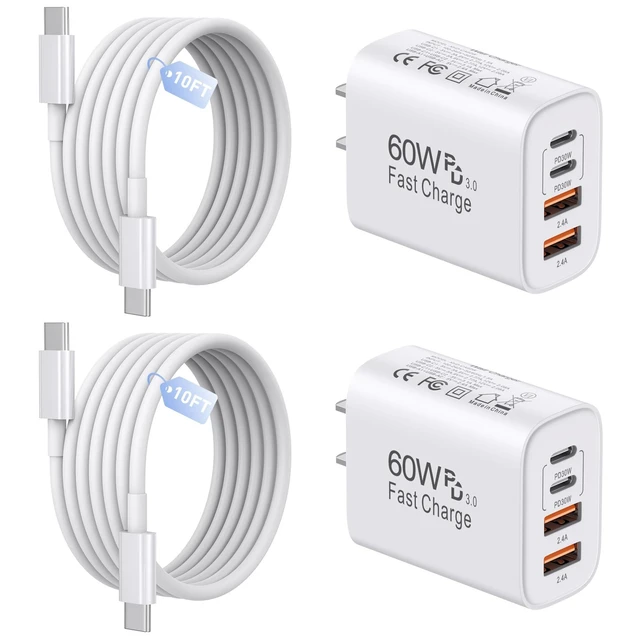 Alt view image 6 of 10 - 60W USB C Charger,2Pack 10FT iPhone 17 Pro Max Charger Fast Charging,4Port USB-A USBC Charger Block with 10ft USB C Cable Cord for Apple iPhone 17 Pro Max/17 Air/16 Pro Max/15 Plus/16/iPad,AirPods