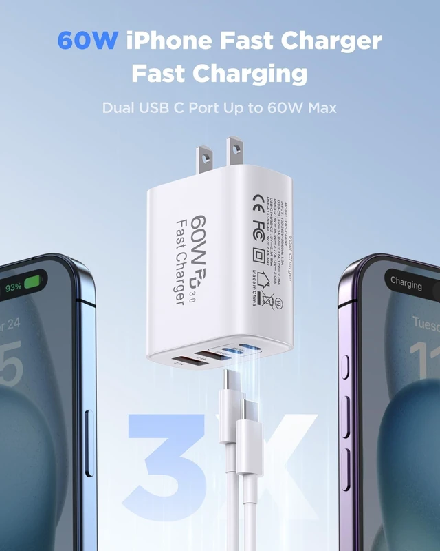 Alt view image 7 of 10 - 60W USB C Charger,2Pack 10FT iPhone 17 Pro Max Charger Fast Charging,4Port USB-A USBC Charger Block with 10ft USB C Cable Cord for Apple iPhone 17 Pro Max/17 Air/16 Pro Max/15 Plus/16/iPad,AirPods