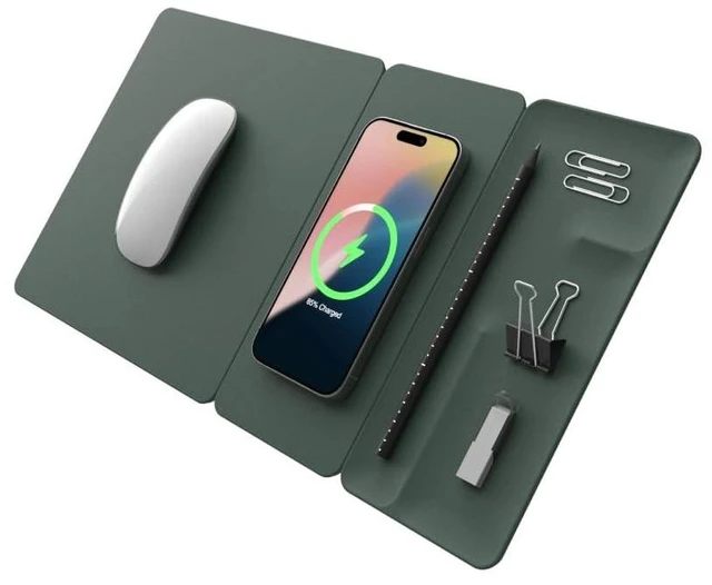 Alt view image 6 of 10 - POUT H3 Split Max 3-in-1 Wireless Charging Mouse Pad Fast Qi Charger, Mousepad Mat, and Magnetic Tray Organizer Compatible with Smartphones and Earbuds (Deep Green)