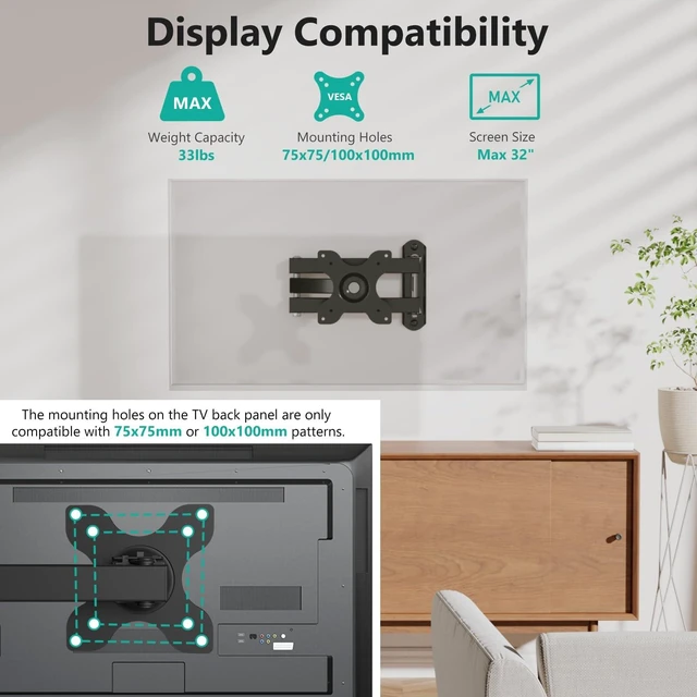 Alt view image 7 of 10 - WALI TV Wall Mount Full Motion 15 inch Extension Arm Tilt Swivel for Most 13 to 32 inch LED TV Flat Panel Screen with Mounting Holes up to 100x100mm, 2 Packs (1330LM-2), Black