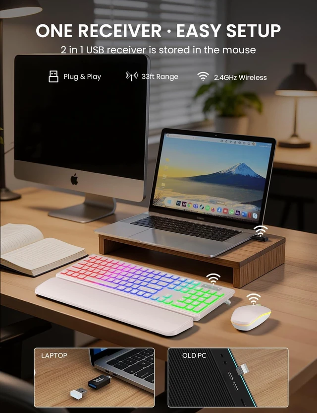 Alt view image 9 of 10 - Wireless Keyboard and Mouse Combo, RGB Backlit, Rechargeable & Light Up Letters, Full-Size, Soft Typing, Sleep Mode, 2.4GHz Quiet Keyboard Set for Mac, Windows, Laptop, PC, Trueque KM42Pro