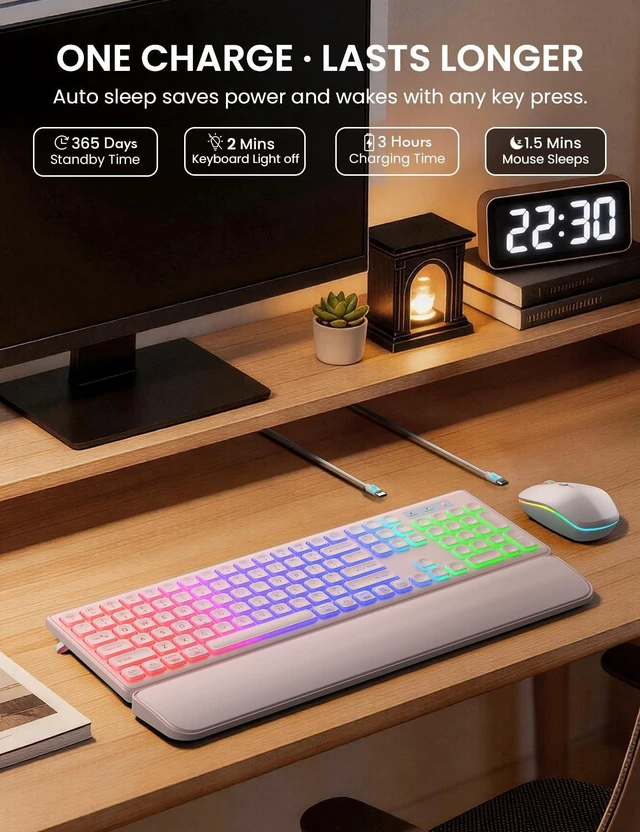 Alt view image 10 of 10 - Wireless Keyboard and Mouse Combo, RGB Backlit, Rechargeable & Light Up Letters, Full-Size, Soft Typing, Sleep Mode, 2.4GHz Quiet Keyboard Set for Mac, Windows, Laptop, PC, Trueque KM42Pro
