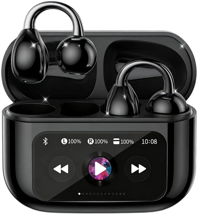 Main image of M100 Clip On Earbuds with Touchscreen Case , Open Ear Wireless Headphones for Glasses & Small Ears ,50H Total Battery, Bluetooth 6.0, IPX7 Waterproof,Ultra-Light 4g for Running & Workouts,black