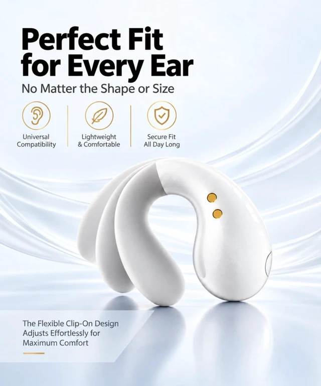 Alt view image 3 of 7 - Ultra Open Ear Earbuds, Ergonomic Clip On Headphones for All-Day Comfort | Ergonomic clip-on curves follow the ear for a secure fit, while ultralight open-ear wear creates a barely-there feel.