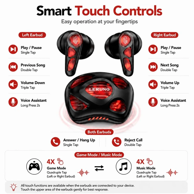 Alt view image 2 of 7 - Wireless Gaming Earbuds, Bluetooth 5.4, 50ms Low Latency, RGB Charging Case