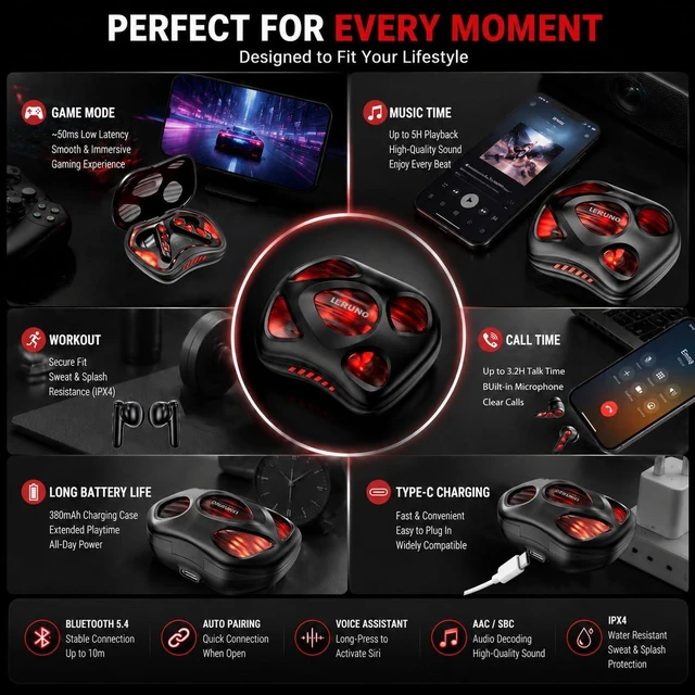 Alt view image 6 of 7 - Wireless Gaming Earbuds, Bluetooth 5.4, 50ms Low Latency, RGB Charging Case
