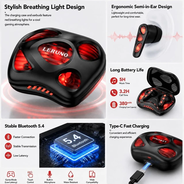 Alt view image 3 of 7 - Wireless Gaming Earbuds, Bluetooth 5.4, 50ms Low Latency, RGB Charging Case