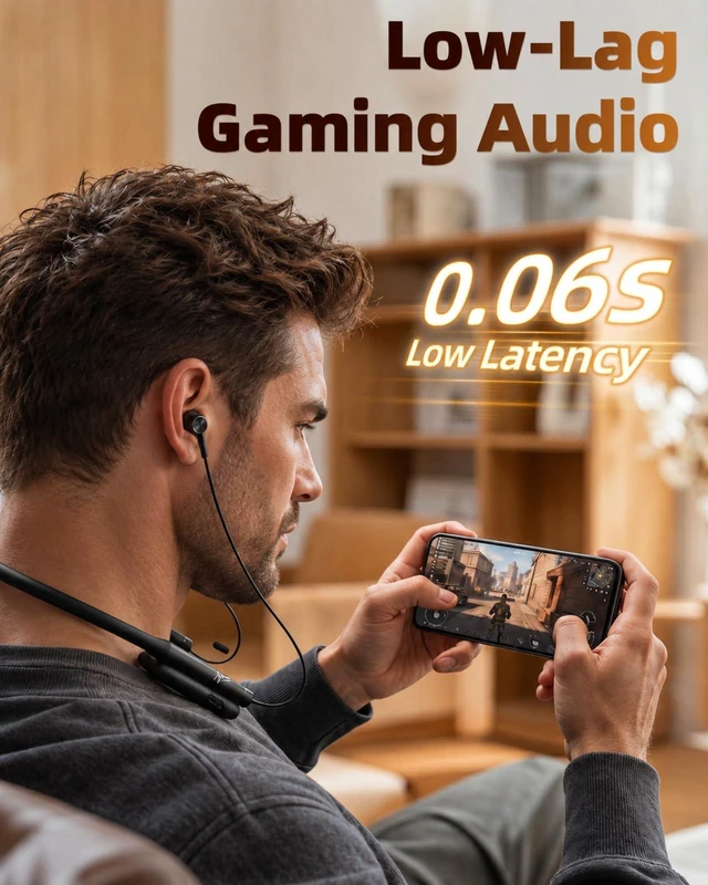Alt view image 3 of 7 - Neckband Bluetooth Headphones, 150H Playtime, 6.0 Bluetooth & AI ENC Mic | IPX7, 6 EQs Modes, LED Display with Low-Latency in-Ear Neck Earbud, Game & Music Modes for Home, Business, Trips