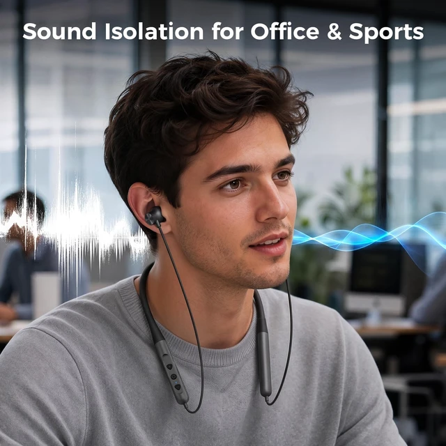 Alt view image 2 of 7 - Ergonomic Neckband Bluetooth Headphones, Wireless Earbuds for Sports | 10Hrs playtime running headphones for office, Sweatproof wireless earbuds with built-in mic, sound-isolating & magnetic tech