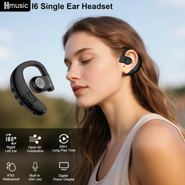 Alt view image 2 of 7 - Hmusic I6 Bluetooth Earpiece Single Ear Headset with ENC Mic, Bluetooth 5.4, 20H Battery with LED Power Display, 180° Rotatable Wireless Headset for Work, Driving & Office Calls