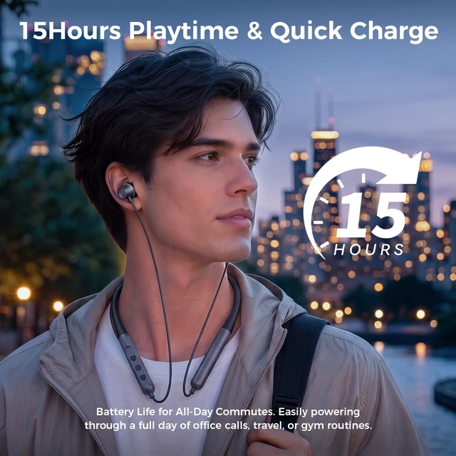Alt view image 7 of 7 - Ergonomic Neckband Bluetooth Headphones, Wireless Earbuds for Sports | 10Hrs playtime running headphones for office, Sweatproof wireless earbuds with built-in mic, sound-isolating & magnetic tech