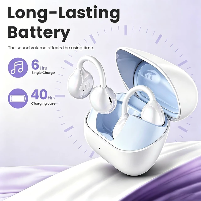 Alt view image 3 of 7 - QJF Clip-on Earbuds, Open Ear Wireless Bluetooth 6.0 Headphones with Mic, C-Shaped Slim Hook, 50H Playtime, IPX5 Waterproof, Comfort Secure Fit for Glasses Wearers, Small Ears, Sports