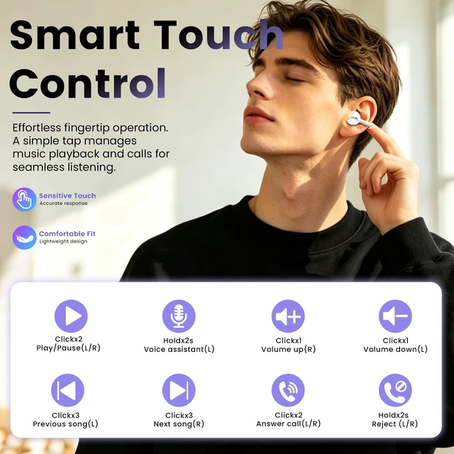 Alt view image 4 of 7 - QJF Clip-on Earbuds, Open Ear Wireless Bluetooth 6.0 Headphones with Mic, C-Shaped Slim Hook, 50H Playtime, IPX5 Waterproof, Comfort Secure Fit for Glasses Wearers, Small Ears, Sports