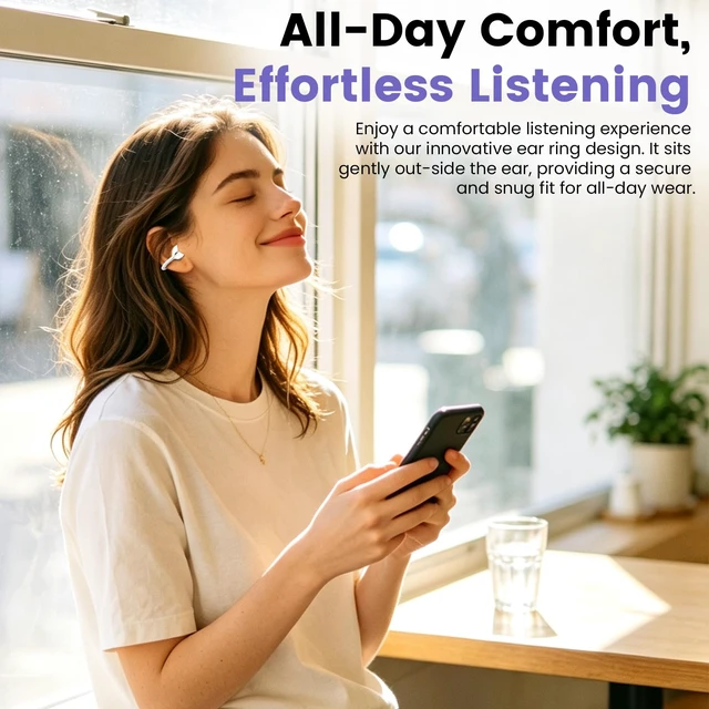 Alt view image 5 of 7 - QJF Clip-on Earbuds, Open Ear Wireless Bluetooth 6.0 Headphones with Mic, C-Shaped Slim Hook, 50H Playtime, IPX5 Waterproof, Comfort Secure Fit for Glasses Wearers, Small Ears, Sports