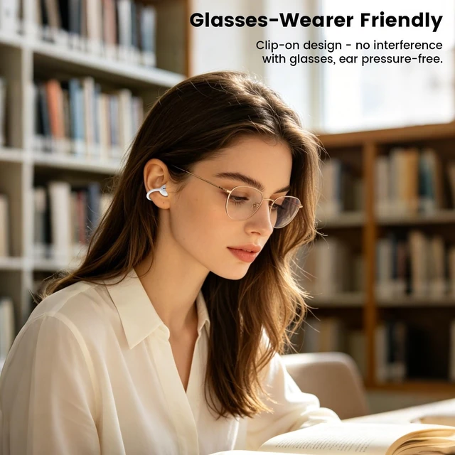 Alt view image 6 of 7 - QJF Clip-on Earbuds, Open Ear Wireless Bluetooth 6.0 Headphones with Mic, C-Shaped Slim Hook, 50H Playtime, IPX5 Waterproof, Comfort Secure Fit for Glasses Wearers, Small Ears, Sports