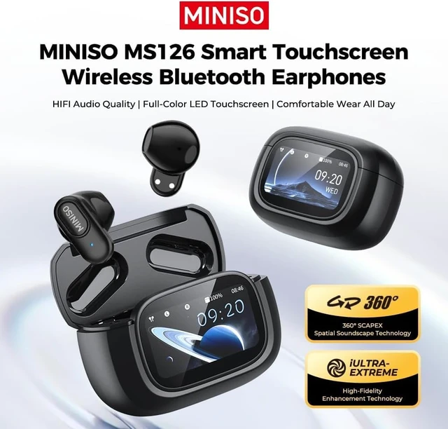 Alt view image 2 of 7 - MS126 Wireless Earbuds with Touchscreen, 360° Panoramic Audio Semi-in-Ear Earbuds with Bluetooth 6.0, Clear Call, 30H Standby for Sports, Office, Study