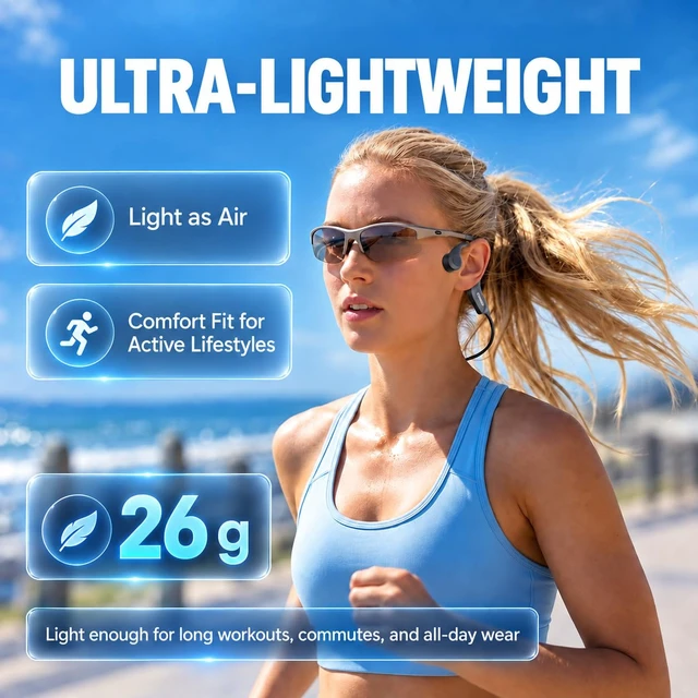 Alt view image 3 of 7 - Nanajorwa New Bone Conduction Headphones, Bluetooth 6.0 Open Ear Running Headphones, 26g Lightweight, IPX6 Waterproof, 8H Playtime Bone Conduction Earbuds with Mic for Workout, Cycling and Hiking