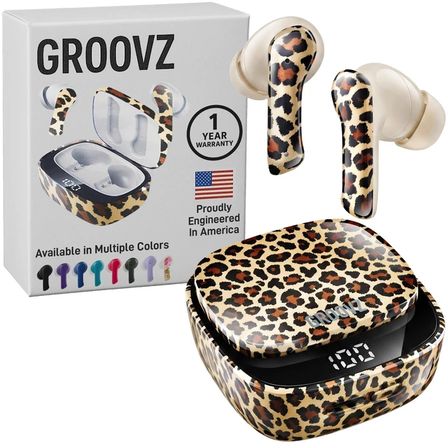 Main image of Groovz Plus True Wireless Earbuds with Wireless Charging Case - Designed in the USA - IPX4 Water Resistant Bluetooth Earbuds Compatible with Apple & Android - 46Hr Battery - Dual Microphone - Leopard