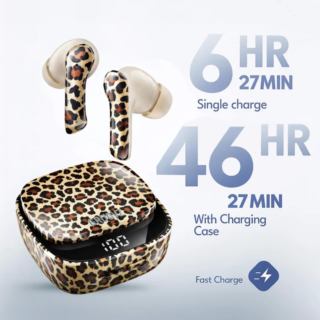 Alt view image 2 of 7 - Groovz Plus True Wireless Earbuds with Wireless Charging Case - Designed in the USA - IPX4 Water Resistant Bluetooth Earbuds Compatible with Apple & Android - 46Hr Battery - Dual Microphone - Leopard