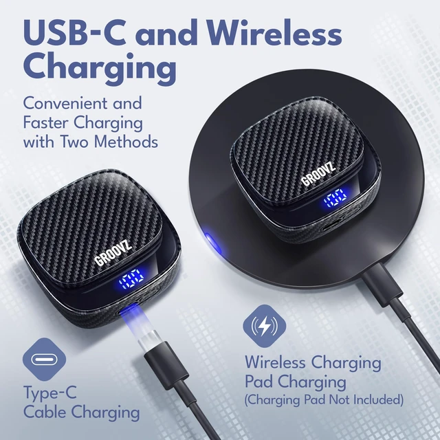 Alt view image 4 of 7 - Groovz Plus True Wireless Earbuds with Wireless Charging Case - Designed in the USA - IPX4 Water Resistant Bluetooth Earbuds Compatible with Apple & Android - 46Hr Battery - Dual Microphone - Leopard