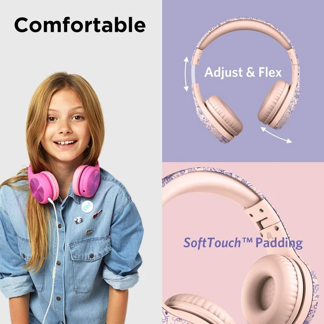 Alt view image 2 of 7 - LilGadgets Connect+ Pro Wired Kids Headphones for School with Microphone, Volume Limiting Over-Ear Headset with Cord, SharePort Technology & SoftTouch Padding, Girl Power