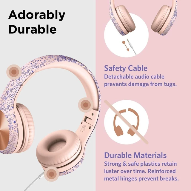 Alt view image 3 of 7 - LilGadgets Connect+ Pro Wired Kids Headphones for School with Microphone, Volume Limiting Over-Ear Headset with Cord, SharePort Technology & SoftTouch Padding, Girl Power