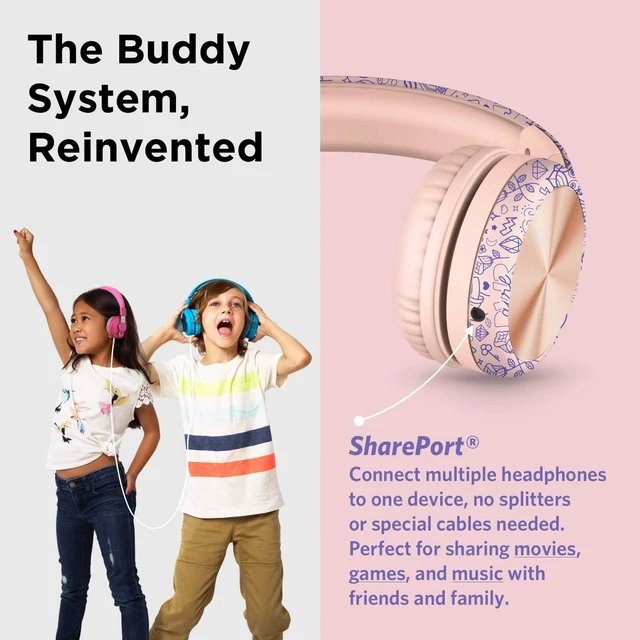 Alt view image 5 of 7 - LilGadgets Connect+ Pro Wired Kids Headphones for School with Microphone, Volume Limiting Over-Ear Headset with Cord, SharePort Technology & SoftTouch Padding, Girl Power