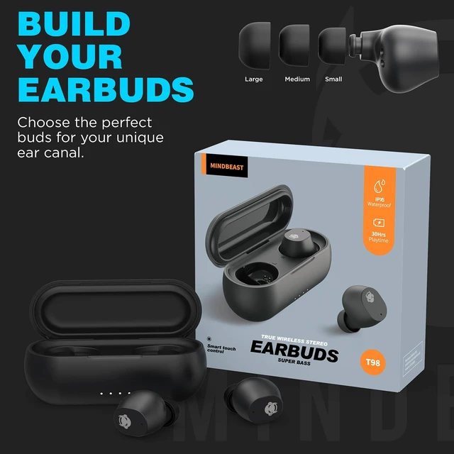 Alt view image 7 of 7 - Wireless Earbuds Noise Cancellation Deep Bass Immersive Sound Headphones | Bluetooth Earphones, IPX5 Waterproof, 36-Hour Battery Life, Compatible with iPhone, Samsung, Android, PC, MINDBEAST T98 Black